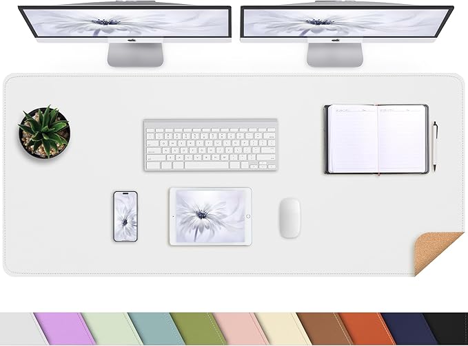 AFIING Cork Desk Mat 47" x 17", Dual-Sided Natural Cork & PU Leather Desk Pad, Non-Slip Waterproof Large Mouse Pad for Office, Home & Gaming (White)
