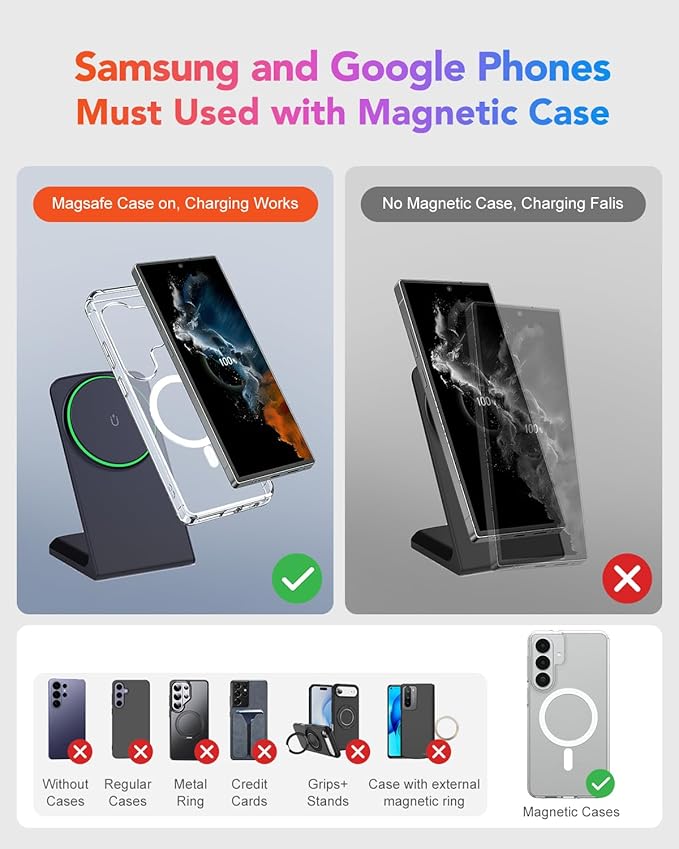 Magnetic Phone Charger Stand, Hands-Free Phone Holder, for iPhone 17-12 Samsung S26/S25 Google Pixel 10, Ideal for Office Desktop Nightstand, Qi-Certified, Matt Black, No Adapter