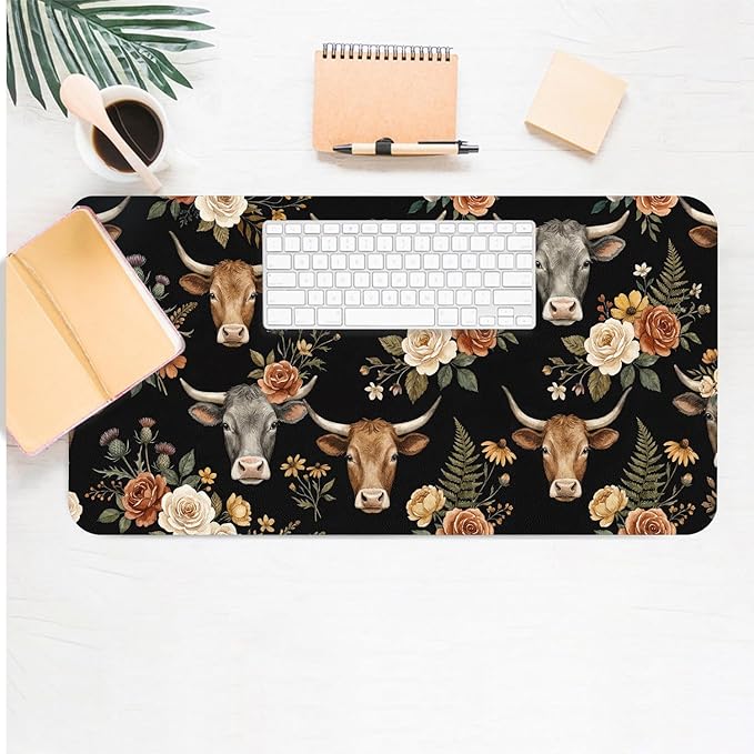 Cute Desk Mat, Highland Cow Floral Large Mouse Pad for Desktop, PU Leather Waterproof Desk Pad, Anti-Slip Computer PC Laptop Protector Gaming Mouse Pads for Office Home Decorations (23.6" x 11.8")