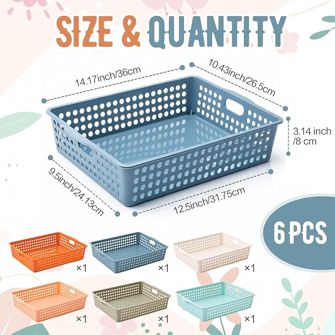 Geetery 6 Pack Classroom Storage Baskets with Handle 14''x10'' Paper Tray Holds A4 Turn in Trays Plastic Paper Baskets Desk Organizer Bin for Classroom, Library, Office, Home (Boho Color)