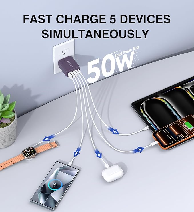 50W 2-Pack USB C Wall Charger Block, 5-Port C Charger Fast Charging Block PD Power Adapter +QC 3.0 Multiport Type C Box Brick Cube USB A Wall Plug for iPhone 14/15/16/17 Pro Max,Samsung Galaxy(Purple)