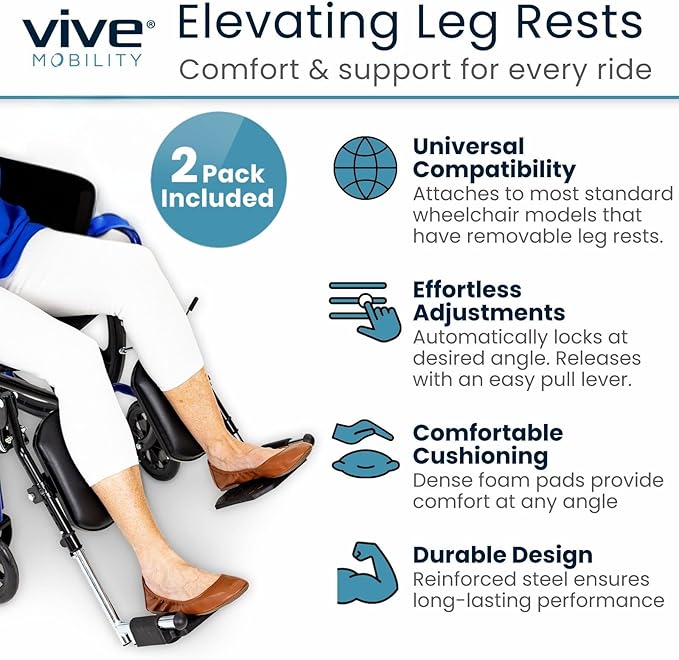 Vive Elevating Wheelchair Footrests with Padded Calf Pads (2 Pack) - Ultimate Leg Rest Accessory Replacement Parts for Wheelchairs - Foot Plates for Enhanced Comfort, Mobility, and Support