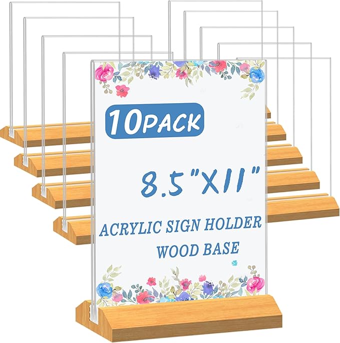 10 Pack Acrylic Sign Holder 8.5 x 11 Inch with Wood Base,Signs Stand for Menu Flyer Display, Table Clear Plastic T Shape Holder for Stores, Restaurants, Hotels, Office