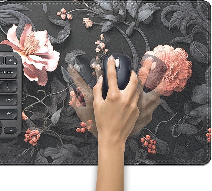 Black Floral Large Mouse Pad Desk Pad,27.5x11.8 in Extended Keyboard Mousepad with Stitched Edges, Waterproof Non-Slip Rubber Base for Office Computer Laptop Home