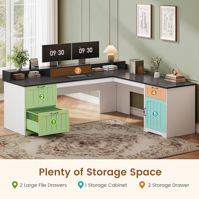 SEDETA 63" L Shaped Desk with Drawers, Farmhouse Office Desk with File Drawers, Wood Corner Computer Desk with Storage, Home Office Desk with Monitor Stand and Storage Cabinet, Black and White