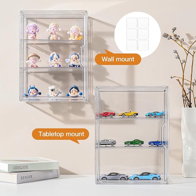 4 Pack 3 Tier Clear Display Case for Figures, Wall-Mounted Acrylic Storage Organizer Box, Stackable Display Cabinet with Magnetic Door & Removable Shelves, Showcase for Collectibles, Figures
