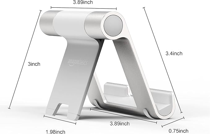 Amazon Basics Multi-Angle Portable Foldable Stand for Tablets, E-Readers and Phones, Non-Slip Desktop Holder for iPads, iPhones, Kindles, Hands-Free Viewing - Silver