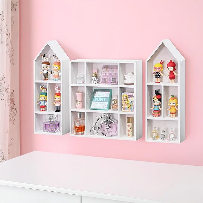 Ikee Design 3 Pcs Set Wooden Shadow Cubby Box Display Shelf Organizer Storage Shadow Box for Collectibles, Mini Figures, 17 compartments, White Color, 22.8W x 2.4D x 15.7H in