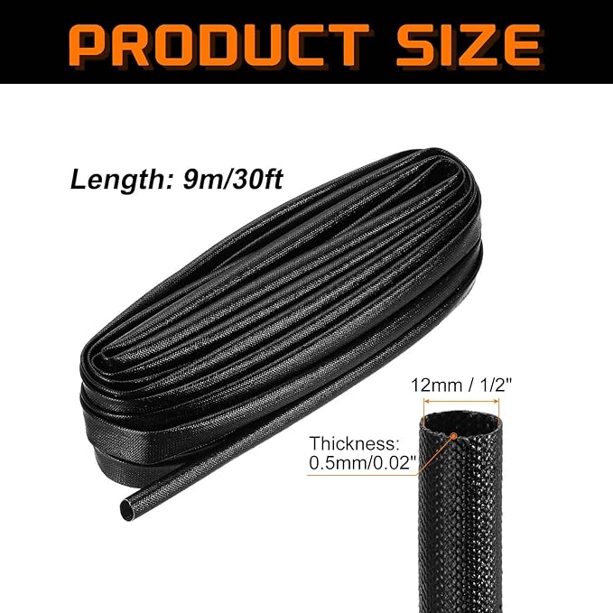 MECCANIXITY 30ft Braided Cable Sleeve, 1/2" ID 200C Heat Resistant 1500V Fiberglass Wire Insulation Cord Protector Organizer Wires Management for Motor Engine Fuel Line, Black
