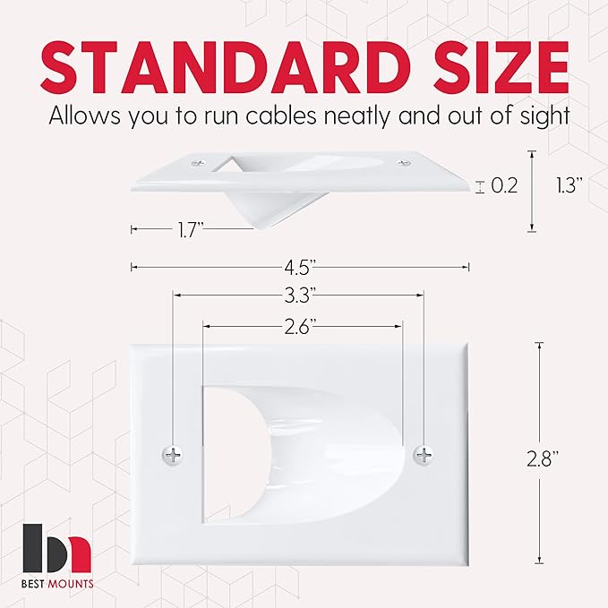 1 Pack Wall Plate Cable Pass Through with Bracket - In Wall Cable Management Kit - Recessed Cable Wall Plate Pair with Single Gang Low Voltage Mounting Bracket - Decorator Cover for Low Voltage Cables