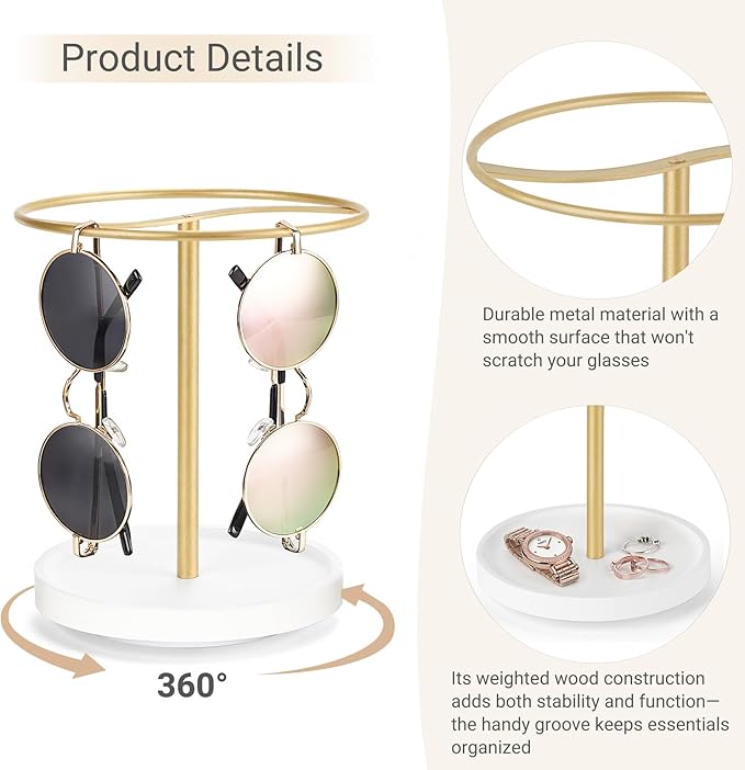 Mkono 360° Rotating Sunglasses Organizer Eyeglasses Holder Stand Metal Frame with Wood Base Tray Storage Display Rack for up to 12 Pairs of Eyewear for Table Dresser Desk Bedroom