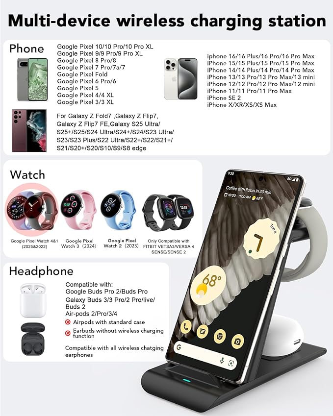 Upgraded 3 in 1 Wireless Charger for Google Pixel Watch 3/2, for Pixel 10 9/Pro/Pro XL/Fold,Buds Pro 2/Pro,Fitbit Versa 4/3,Wireless Charging Station for Multiple Devices (Not for Google Watch 4/1)