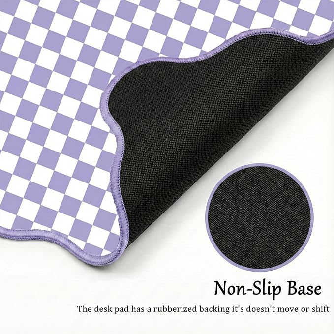 Scalloped Desk Mat Extended Large Cute Purple Mouse Pad Farmhouse Desk Pad XXL Aesthetic Plaid Mousepad Checkered Gaming Mouse Pad for Keyboard Computer Laptop Home Office Accessories Girl 35.4X15.7In