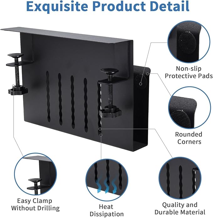 Desk Side Storage Organizer, Under Desk Laptop Holder with Magnetic Pen Holder, No Drill Hanging Desk Caddy for Office & Home, Clamp On Desk Shelf for Tablet, Files, Accessories (Black)