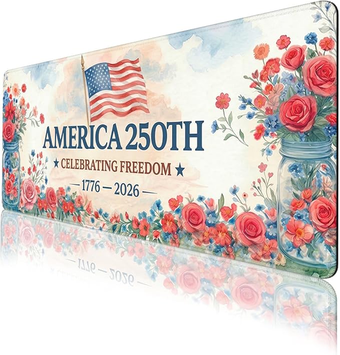 America 250 Gaming Mouse Pad Flowers Floral America Flag Large Gaming Mouse Mat with Stitched Edges,Non-Slip Waterproof Rubber Base Mous Mat 31.5x11.8 Inch