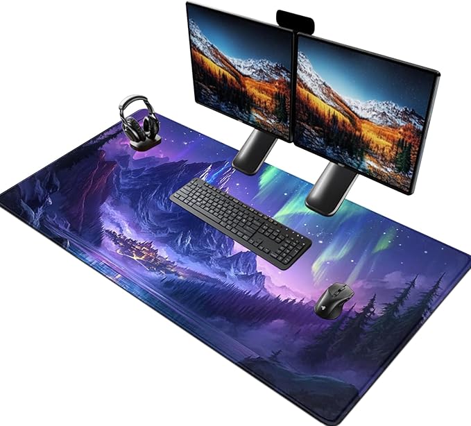 Extended Mouse Pad Large Gaming Mouse Pads - Aurora Painting Northern Lights Mountains Stars Desk Pad Computer Desk Mat Non-Slip Mousepad for Game Players, Office, Study (48" x 24")