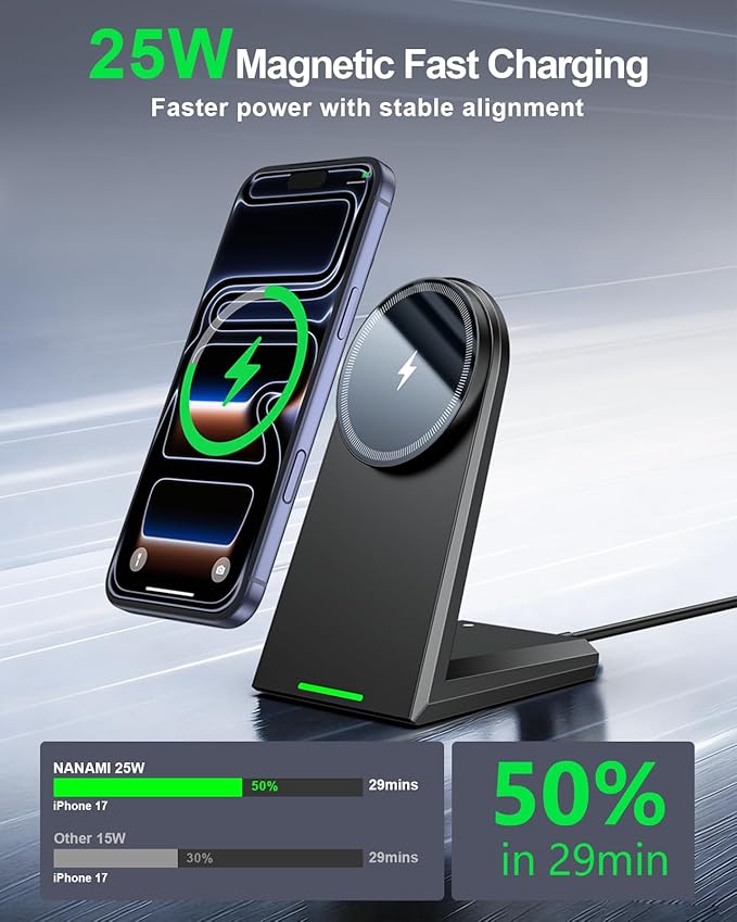 NANAMI 25W Magnetic Wireless Charger Stand, Fast Magnetic Phone Charger, N52 Alignment, 360° Adjustable, Auto-Dim LED, Cooling & Safety Protection for iPhone 17/16/15/14/13/12 & Google Pixel 10 Series