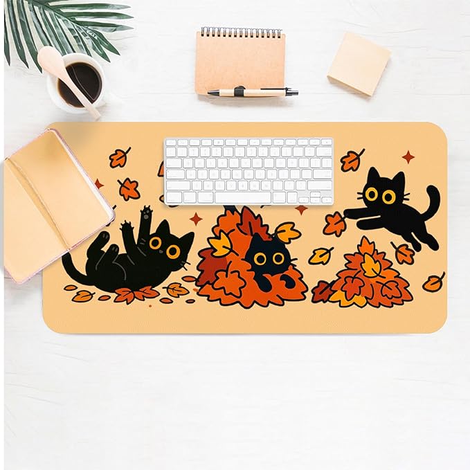 Fall Desk Mat, Black Cat Maple Leaves Large Mouse Pad for Desktop, PU Leather Waterproof Desk Pad, Computer PC Laptop Protector Gaming Mouse Pads for School Office Home Thanksgiving Decorations