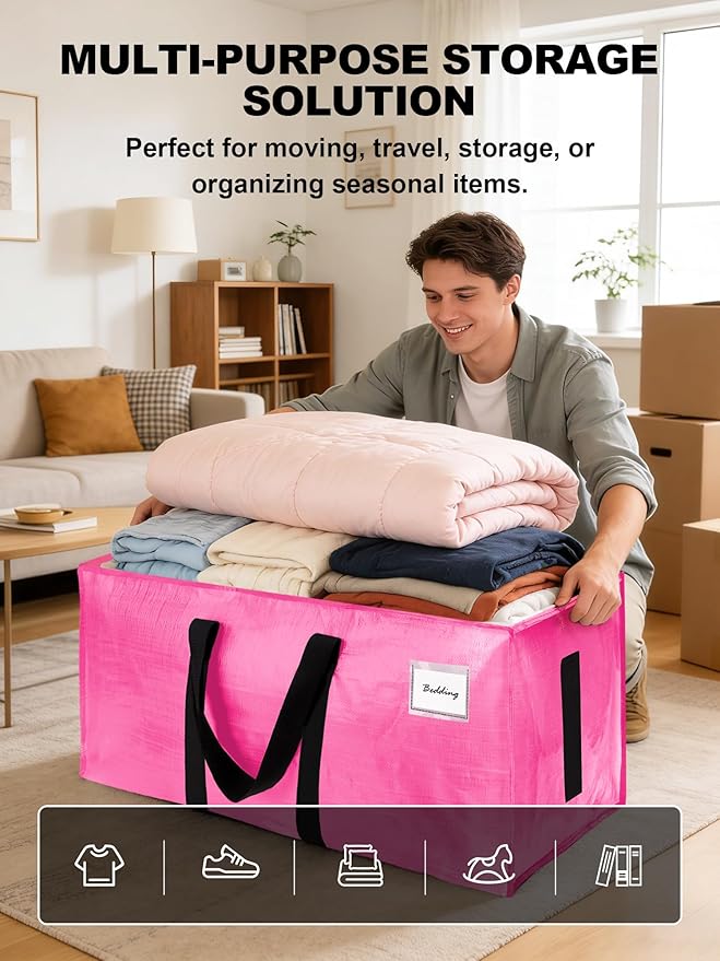 80 Pack Large Strong Moving Bags with Zippers & Carrying Handles - Water-Resistant - Heavy Duty Storage Tote for Space Saving, Fold Flat, Alternative to Moving Box (Pink)