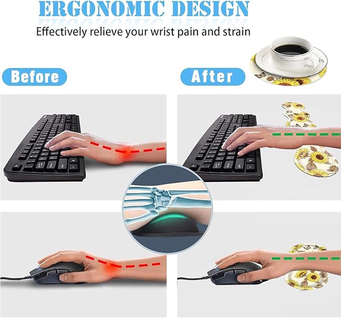 Ergonomic Mouse Pad Set with Wrist Support for Keyboard and Wrist Rest for Mouse, Memory Foam Comfort, Non-Slip Large Desk Mat for Home Office Pain Relief,Vintage Butterfly Sunflower