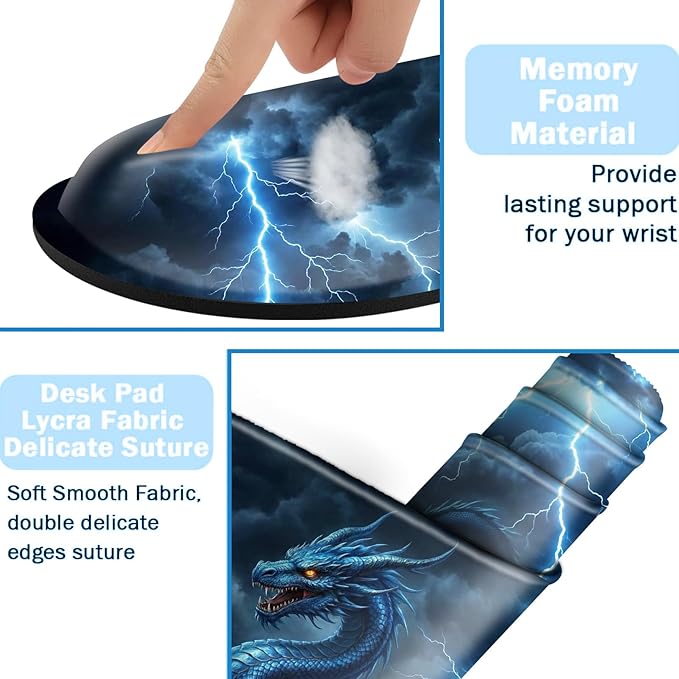 Ergonomic Mouse Pad Set with Wrist Support for Keyboard and Wrist Rest for Mouse, Memory Foam Comfort, Non-Slip Large Desk Mat for Home Office Pain Relief,Lightning Dragon