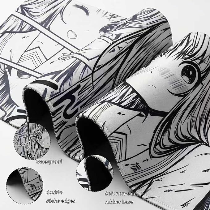 XXL Anime Girl Mouse Pad Black White –Super Thick Large Manga Girl Desk Mat 31.5x15.7 – Non-Slip, Water-Resistant, Stitched Edges – Aesthetic Japanese Gaming Mat 800X400X4mm