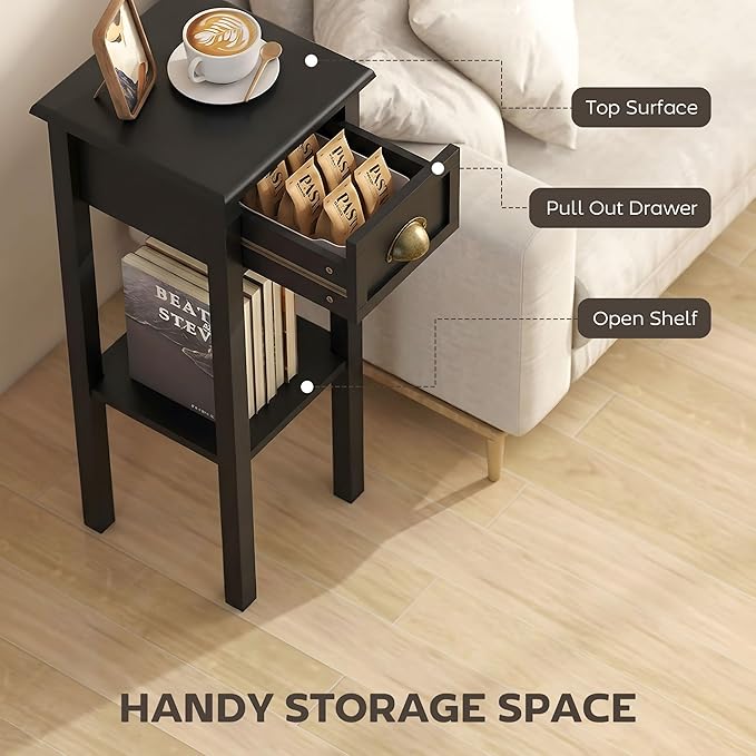 HOMCOM Narrow End Table with Drawer and Bottom Shelf, Slim Side Table for Small Spaces, Skinny Modern Accent Desk for Living Room, Set of 1, Black