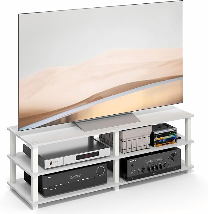 Furinno Turn-S-Tube Toolless Assembly 3-Tier TV Stand, Entertainment Center for TV up to 55 Inch, Wide Printer Stand with Storage Shelf, for Living Room, Bedroom, White