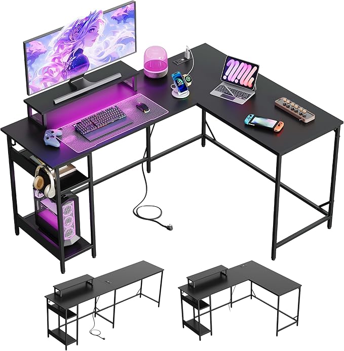 DEVAISE Full-Size 60" L Shaped Gaming Desk with LED Lights and Power Outlets - Reversible Corner Computer Table with Monitor Stand and Storage Shelves for Work and Gaming, Black