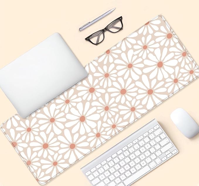 Cute Large Mouse Pad for Desk, Beige Flower Desk Pad for Computer Keyboard Laptop, Daisy Boho Big Mousepad, Non-Slip Base Floral Desktop Mat for Home Office, 31.5 x 11.8 inches