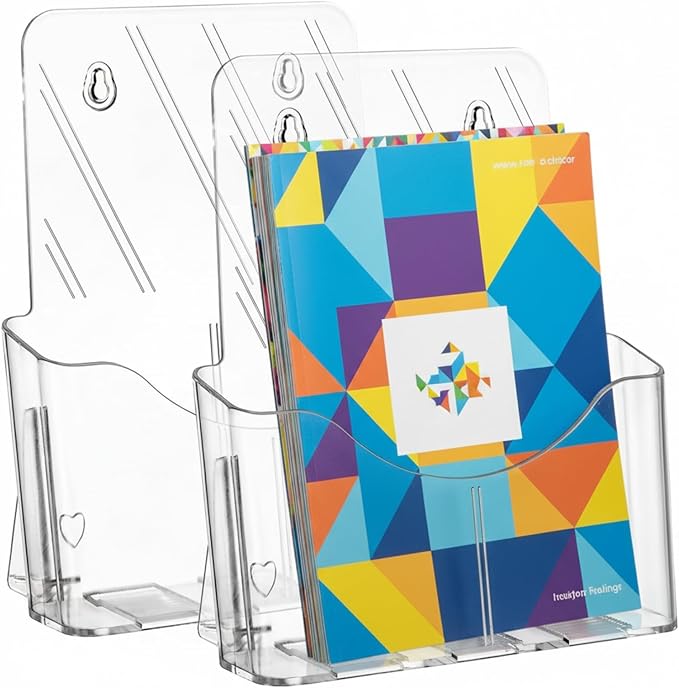 Yarlung 2 Pack Acrylic Brochure Holder, 8.5 x 11 Inches Clear Booklet Display Stand for Desk or Wall Mount, Plastic Countertop Organizer for Menu, Pamphlet, Literature, Document, Magazine, Journals