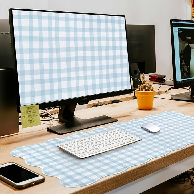 L-SPOUTTO Blue Checkered Mouse Pad,Cottagecore Scalloped Desk Mat XXL Large Cute Pastel Gaming Mousepad,35.4x15.7in Non-Slip Keyboard Pad Waterproof Desktop Mat for Laptop Computer Game Home Office