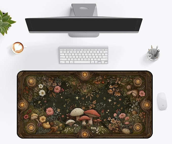 Mushroom Mouse Pad, Retro Forest Plant Flower Desk Mat,Large Gaming Mouse Mat with Stitched Edges,Non-Slip Waterproof Rubber Base Mouspad for Office Computer Keyboard Laptop Home,31.5"X15.7"