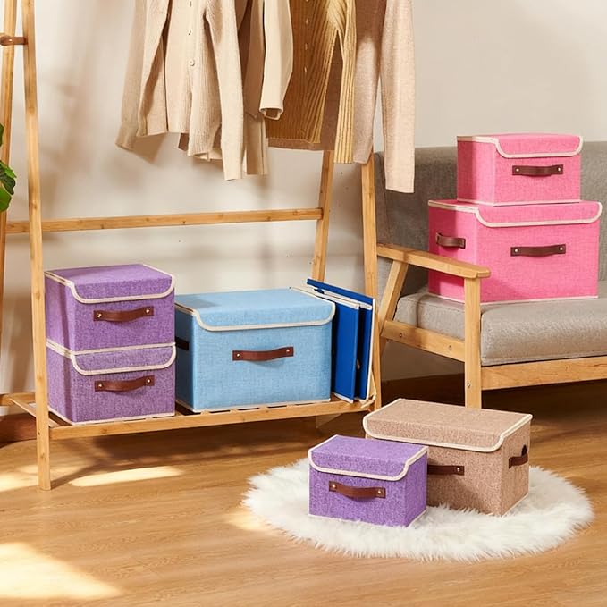 2PCS Storage Boxes with Lid Cotton Linen Fabric Storage Bins Organizer Container Decorative Collapsible Washable Shelf Closet Baskets Faux Leather Handles Home Bedroom (Light Blue, Small)