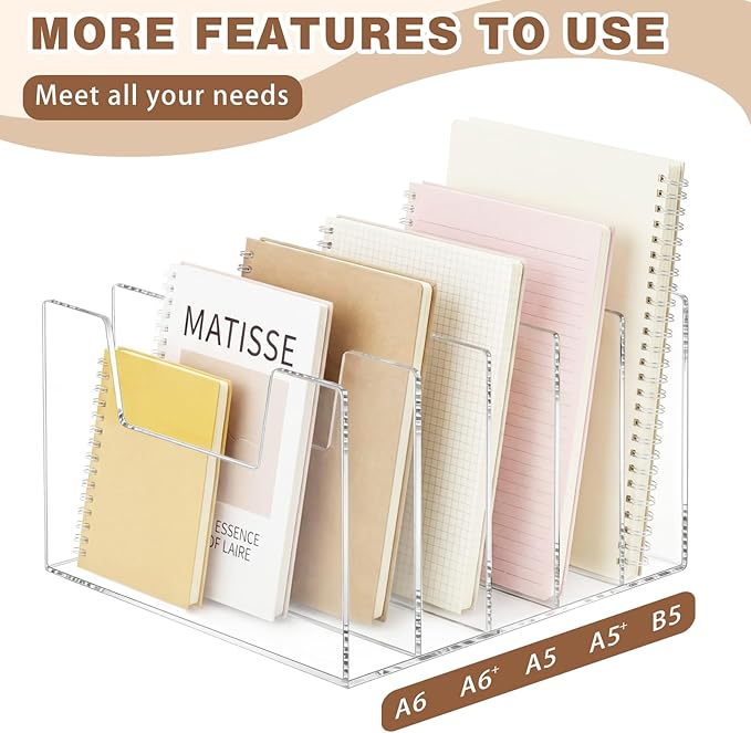 Wenqik Clear Acrylic Desktop File Organizer Vertical File Sorter 4mm Thick, Large Capacity Upright Magazine Organizer, Book Paper, Notebooks, Envelopes, Mail Holder(1 Pack,5 Section)