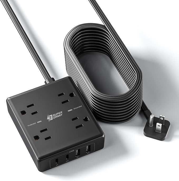 SUPERDANNY Flat Plug Power Strip Surge Protector 10 Ft Long Flat Extension Cord with 4 Outlets & 4 USB (2 USB-C) Charging Station for Home Office, College Dorm Room Essentials, Travel, Black