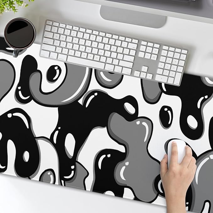 Black White Geometric Japanese Mouse Pad Desk Mat 35.4" x 15.7" Abstract Extended Large Gaming Mouse Pad Black and White Non-Slip Base Stitched Edge Long Computer Keyboard Mat for Home Office Work
