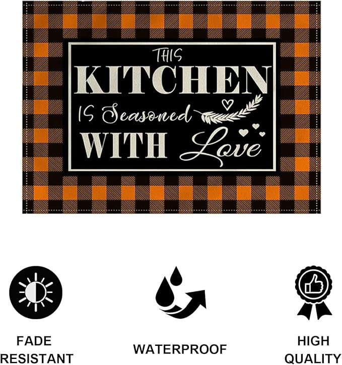 4Pack Farmhouse Decor Placemats Orange White Buffalo Plaid Kitchen Inspirational Quotes Decor Table Mats Waterproof Heat Resistant Washable Non-Slip Place Mats for Dinner Kitchen Decor Table 12”×16”
