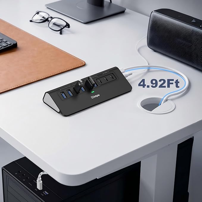Powered USB Hub 10Gbps, intpw YH6AC 9-Port USB HUB with USB A/USB C 3.2, 4 USB 3.0, 2 PD 45W Charging Port, 65W Power Adapter + 4.92FT Cable, Aluminum USB Hub for Laptop, PC,iPhone 17/16