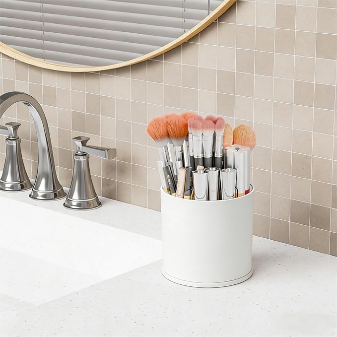 Yieach Rotating Acrylic Makeup Brush Holder for Vanity,Bathroom Countertop,Round Makeup Brushes Organizer,Spinning Cosmetic Brushes Holder,Make up Brush Storage and Office Desk Pen or Pencil Cup,White