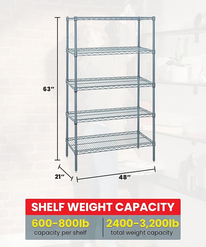 Quantum Storage Systems WR63-2148GY-5 Wire Shelving 5 Shelf Starter Units, 21" x 48" x 63", Gray Epoxy