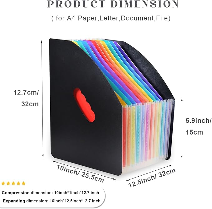 SAYEEC Rainbow Expanding File Holder Standing A4 Vertical Mini Files Organizer Magazine Basket Desktop 13 Pockets Book Folder with Handle for Students Examination Paper Bills Office Study