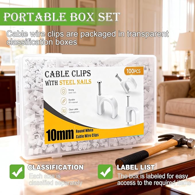 mxuteuk 100PCS Cable Clips with Steel Nails,10mm Round White Cable Wire Clips,Wall Clips for Cords,Cable Cord Clips for RG6 RG59 CAT6 RJ45