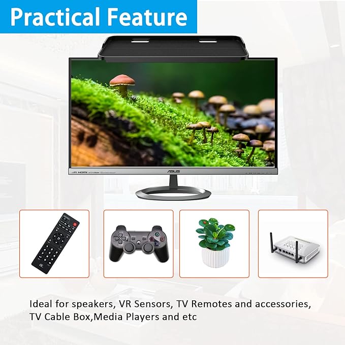 TV Top Screen Shelf Speakers Mount Adjustable Computer Monitor Shelf Storage Bracket Mount Hold Cable Media Box, Game Console, WiFi Router, Plants, Remote Controls, Cellphone Stand, DVD Shelf