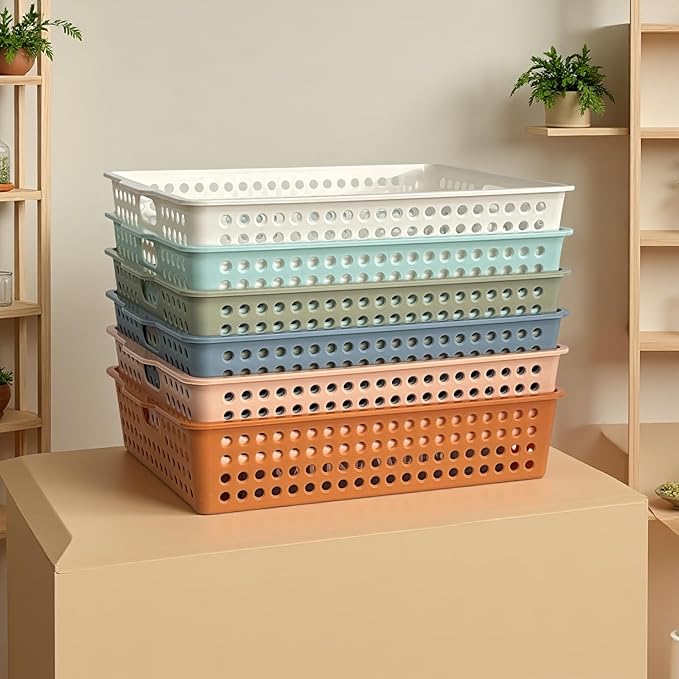 RAUVOLFIA 6 Pack Plastic Turn in Paper Trays for Classroom, Colorful Storage Bin Basket Organizers for School Supplies, Classroom Organization and Storage Tray Holds 4A Paper (Boho)