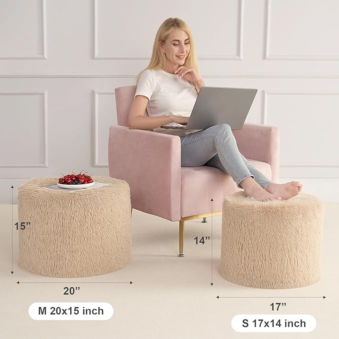 Hansleep Round Stuffed Pouf Ottoman 20 x 15, Foam Filled Faux Fur Ottoman Foot Rest for Chair with Washable Cover, Foot Stools Under Desk for Living Room & Bedroom, Brown