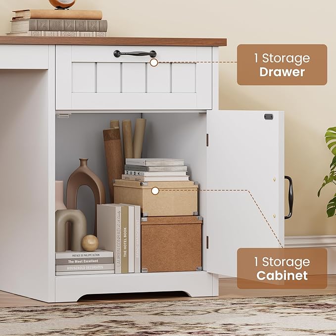 SEDETA Farmhouse L Shaped Desk with Drawers, 63" Office Desk with File Drawers, Wood Corner Computer Desk with Storage, Home Office Desk with Monitor Stand and Storage Cabinet, Walnut and White