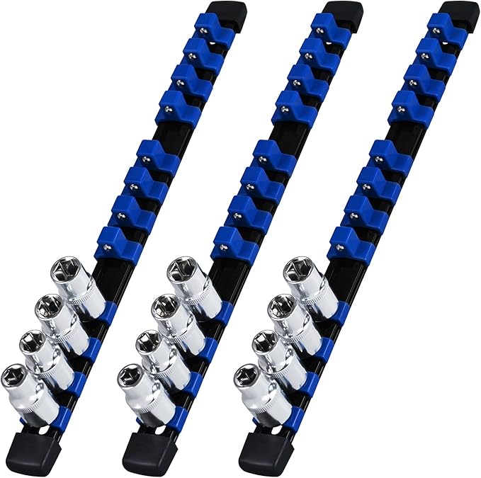 1/2-Inch Drive Heavy Duty Socket Holder Kit ABS, Socket Rail 12 Clips Blue, 3 Pieces