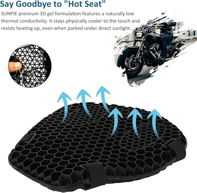 SUNPIE Motorcycle Seat Cushion with Extra Cover Universal 3D Gel Honeycomb Motorcycle Seat Cover Breathable and Comfortable Large Seat Cushion Pad