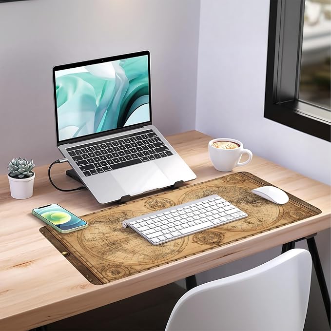 Vintage World Map Extended Gaming Mouse Pad 35.4 x 15.7 Inch – Retro Desk Mat for Gaming, Office Work, and Study, with Non-Slip Rubber Base